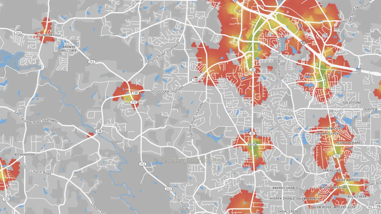 Walk Grade map of 30094, GA, walkable areas in green and car-dependent areas in red