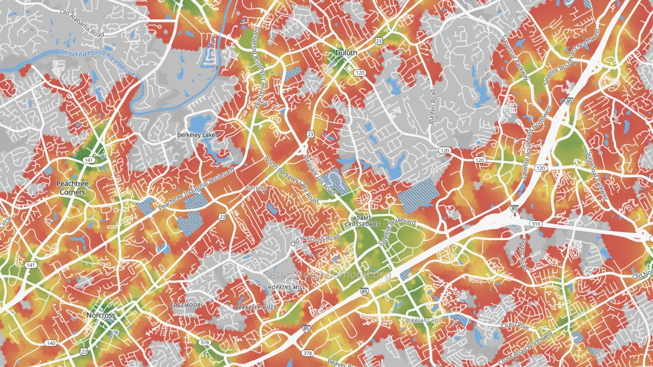 Walk Grade map of 30096, GA, walkable areas in green and car-dependent areas in red
