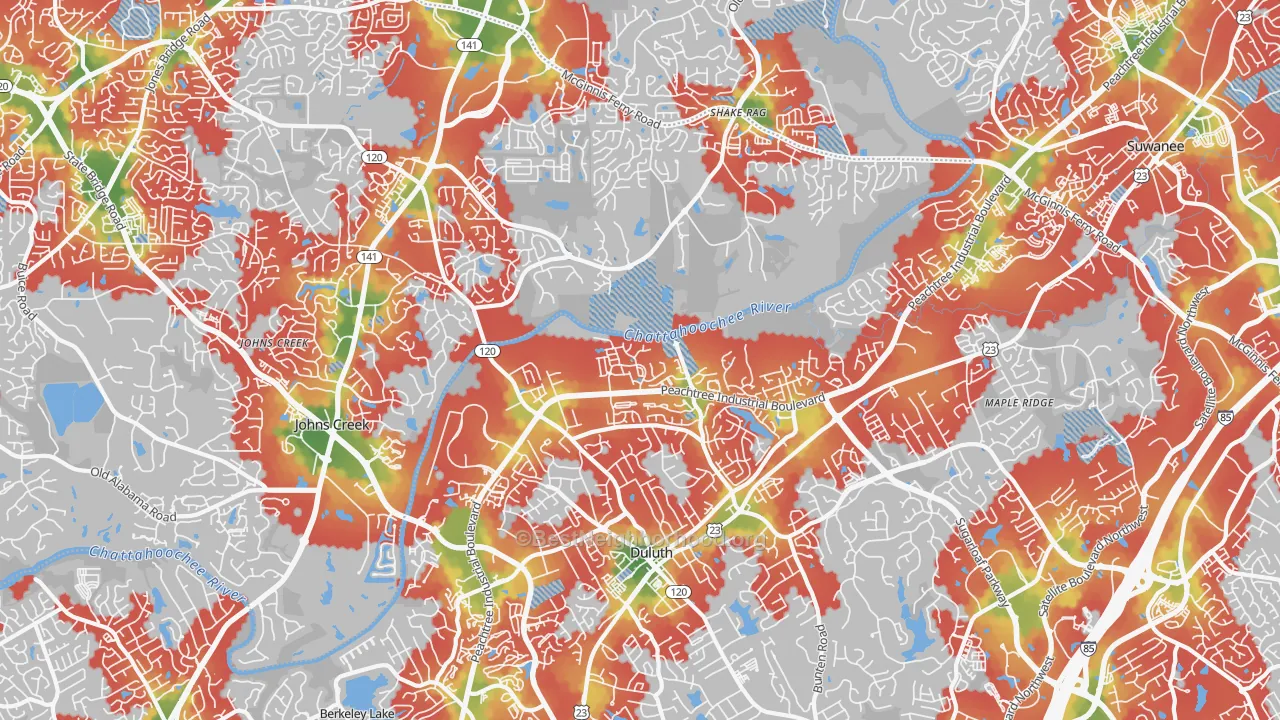 Walk Grade map of 30097, GA, walkable areas in green and car-dependent areas in red