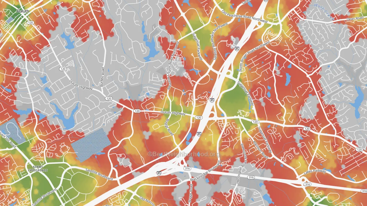 Walk Grade map of 30099, GA, walkable areas in green and car-dependent areas in red