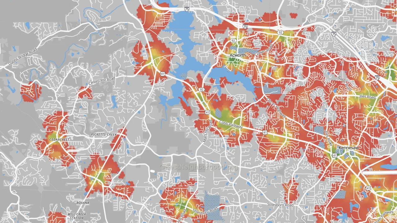 Walk Grade map of 30101, GA, walkable areas in green and car-dependent areas in red