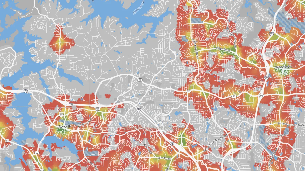 Walk Grade map of 30102, GA, walkable areas in green and car-dependent areas in red