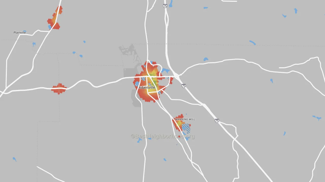 Walk Grade map of 30103, GA, walkable areas in green and car-dependent areas in red