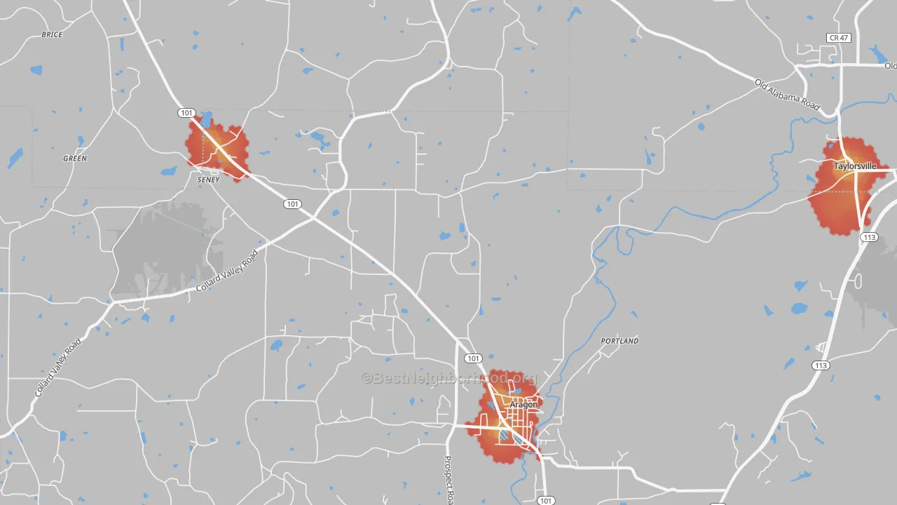 Walk Grade map of 30104, GA, walkable areas in green and car-dependent areas in red