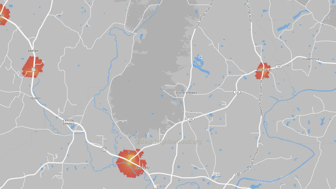 Walk Grade map of 30105, GA, walkable areas in green and car-dependent areas in red