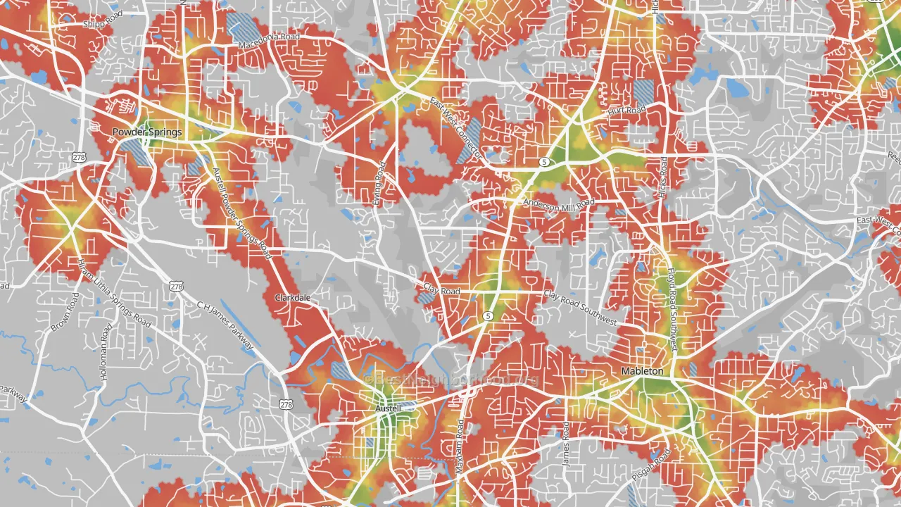 Walk Grade map of 30106, GA, walkable areas in green and car-dependent areas in red