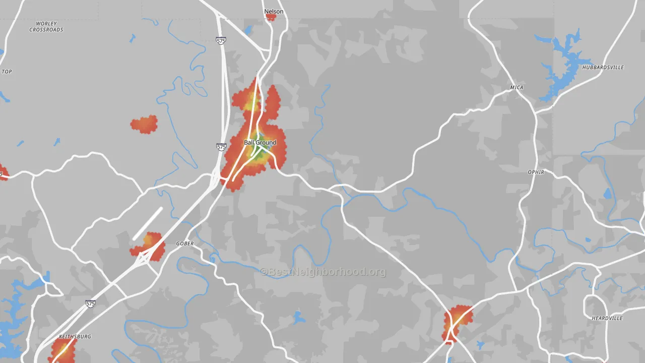 Walk Grade map of 30107, GA, walkable areas in green and car-dependent areas in red
