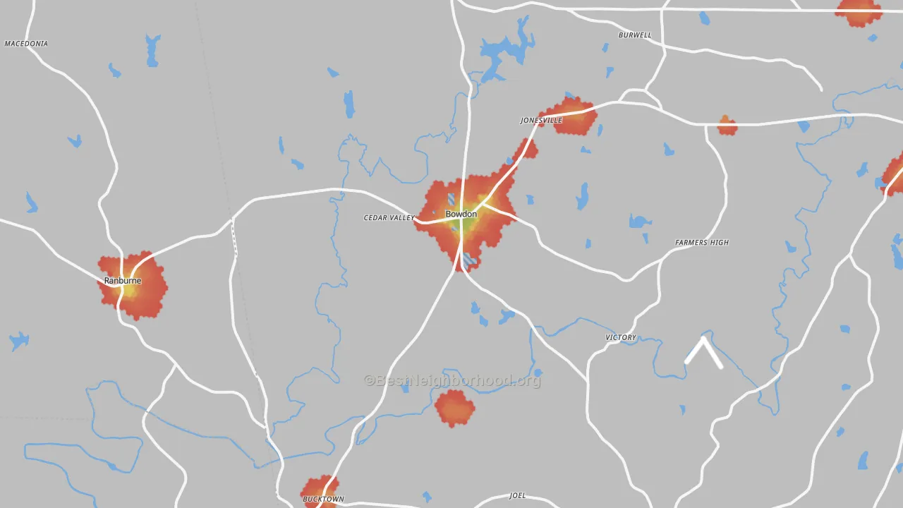Walk Grade map of 30108, GA, walkable areas in green and car-dependent areas in red