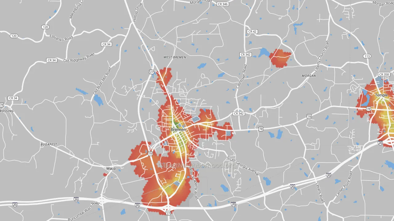 Walk Grade map of 30110, GA, walkable areas in green and car-dependent areas in red