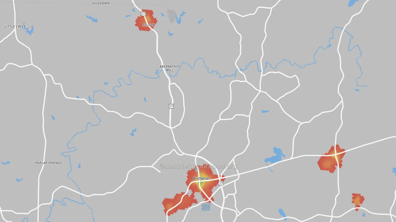 Walk Grade map of 30113, GA, walkable areas in green and car-dependent areas in red