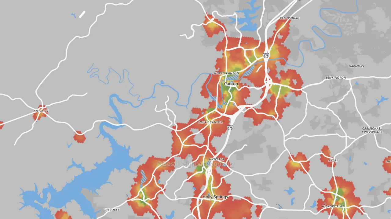 Walk Grade map of 30114, GA, walkable areas in green and car-dependent areas in red