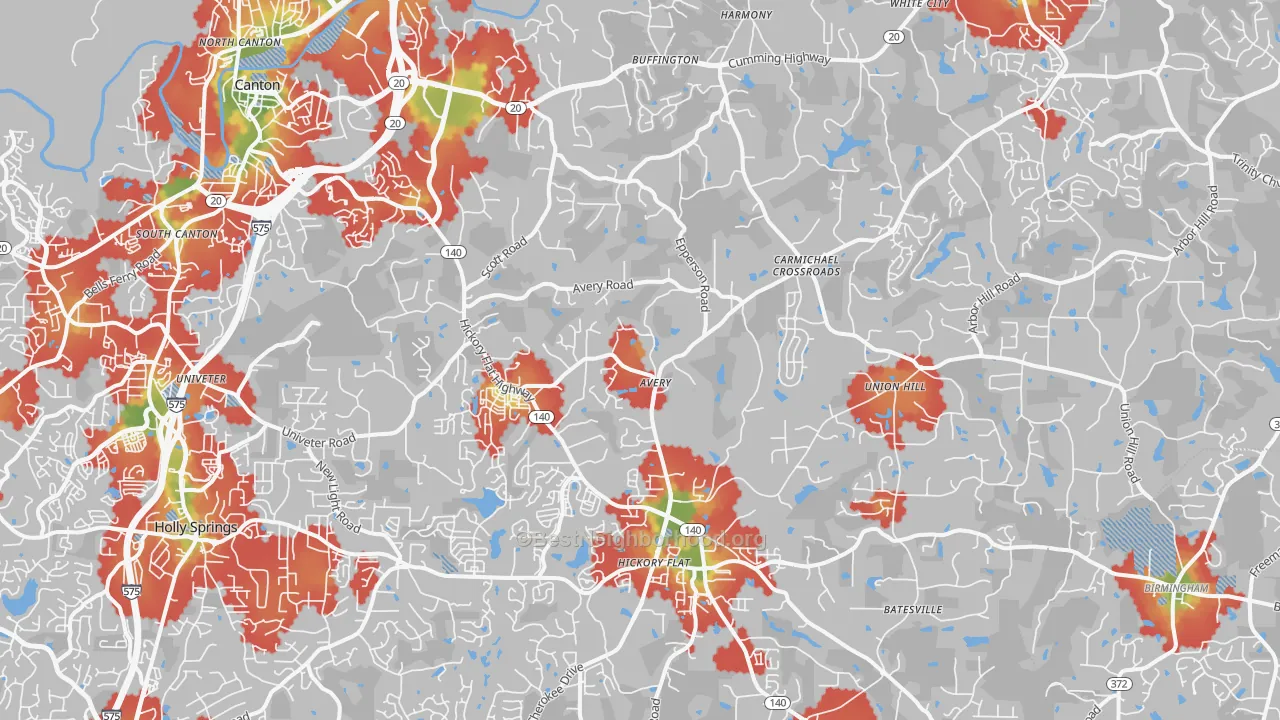 Walk Grade map of 30115, GA, walkable areas in green and car-dependent areas in red
