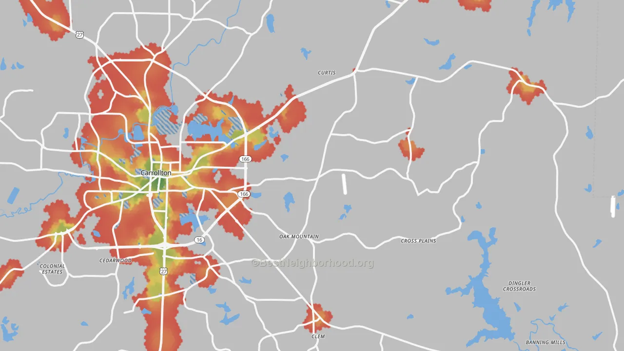 Walk Grade map of 30116, GA, walkable areas in green and car-dependent areas in red