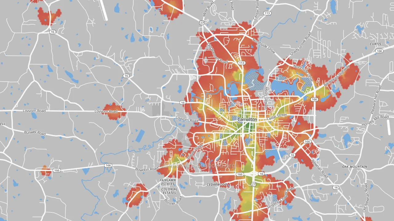 Walk Grade map of 30117, GA, walkable areas in green and car-dependent areas in red
