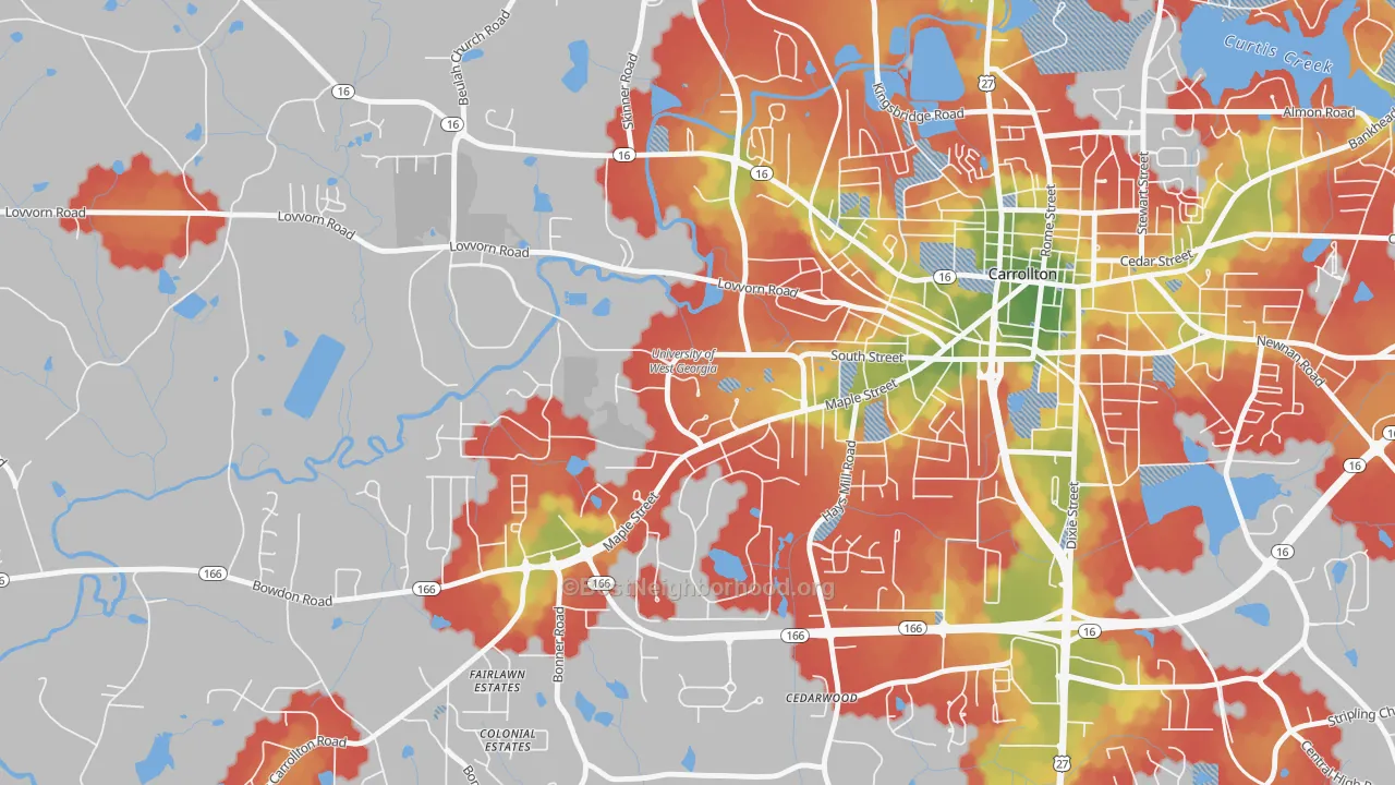 Walk Grade map of 30118, GA, walkable areas in green and car-dependent areas in red