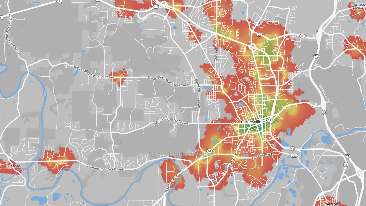 Walk Grade map of 30120, GA, walkable areas in green and car-dependent areas in red