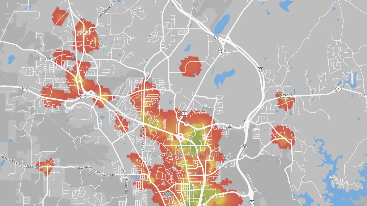 Walk Grade map of 30121, GA, walkable areas in green and car-dependent areas in red