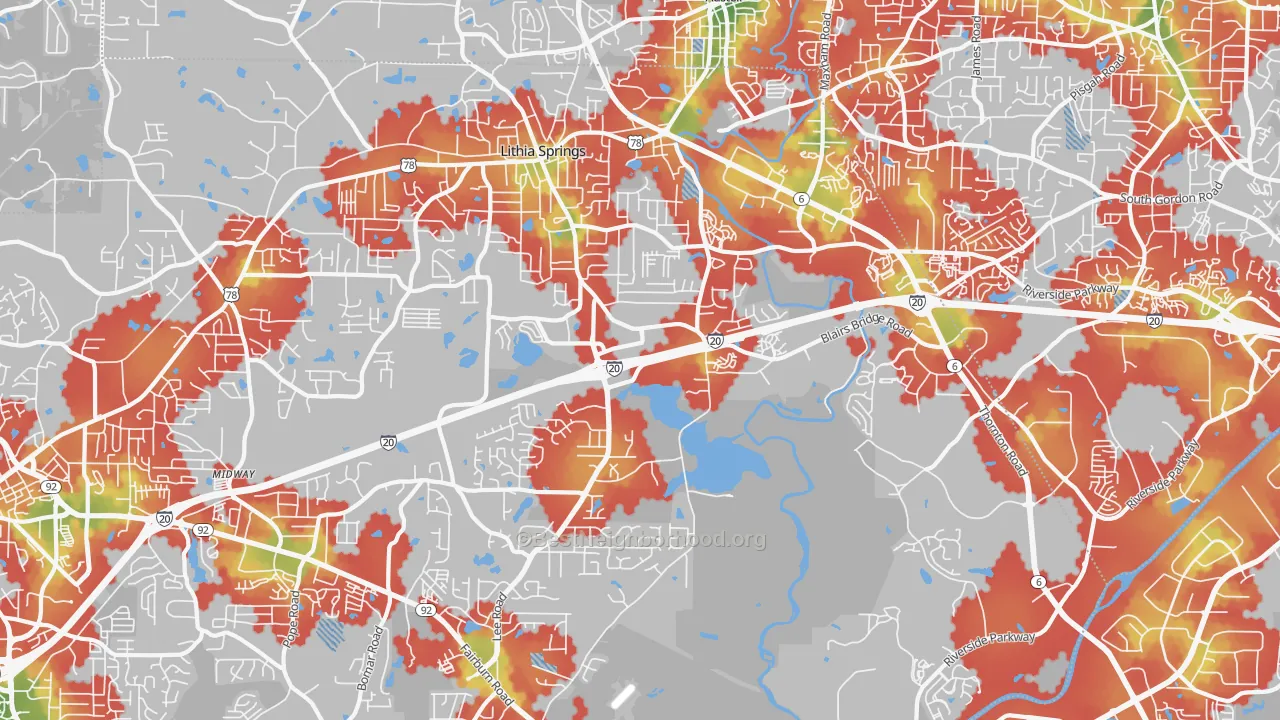Walk Grade map of 30122, GA, walkable areas in green and car-dependent areas in red