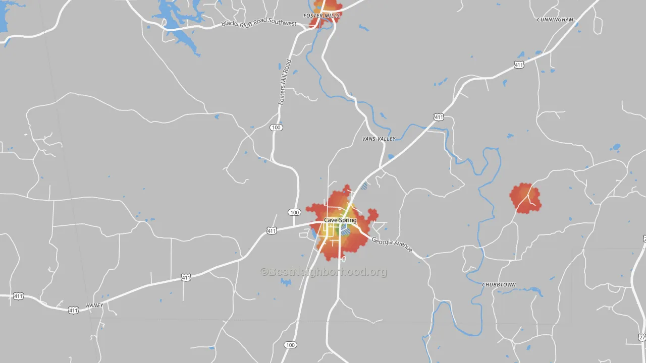 Walk Grade map of 30124, GA, walkable areas in green and car-dependent areas in red