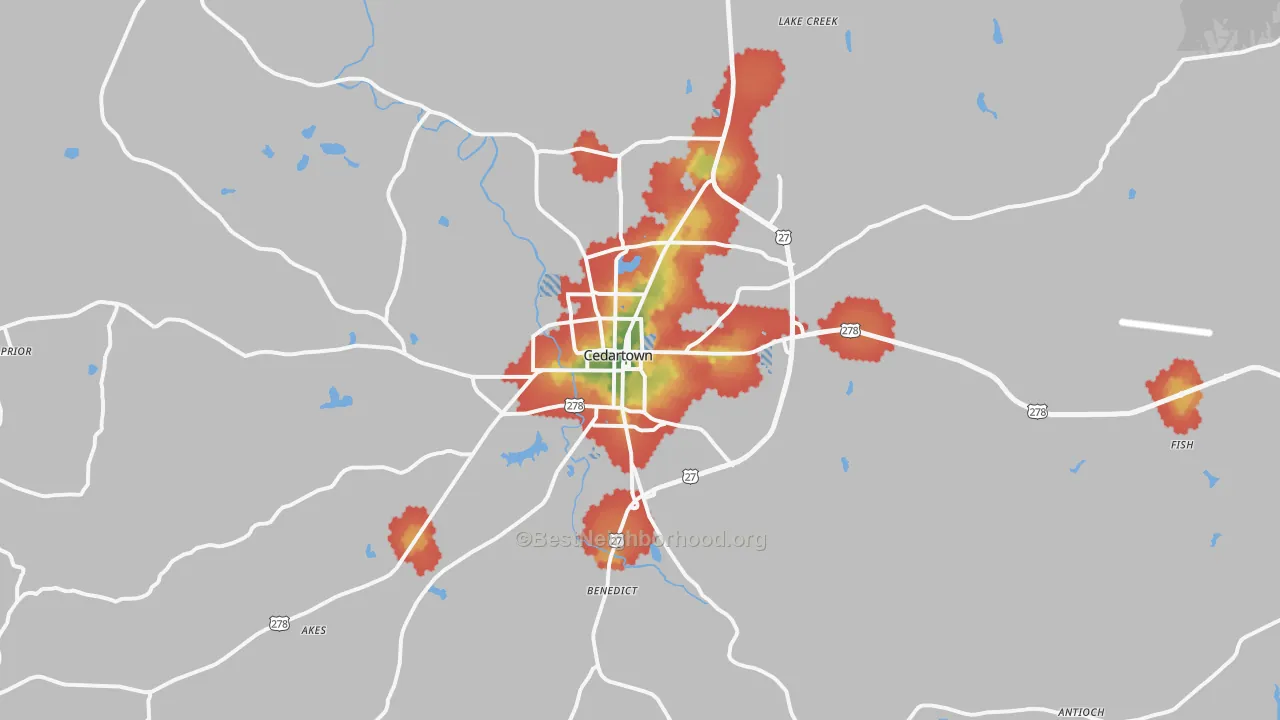 Walk Grade map of 30125, GA, walkable areas in green and car-dependent areas in red