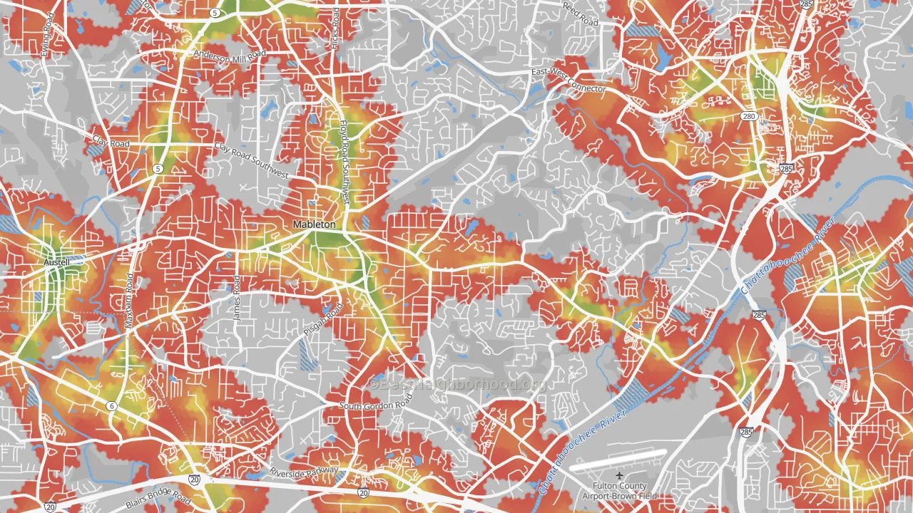 Walk Grade map of 30126, GA, walkable areas in green and car-dependent areas in red