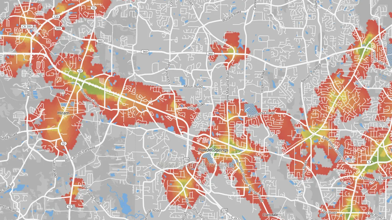 Walk Grade map of 30127, GA, walkable areas in green and car-dependent areas in red