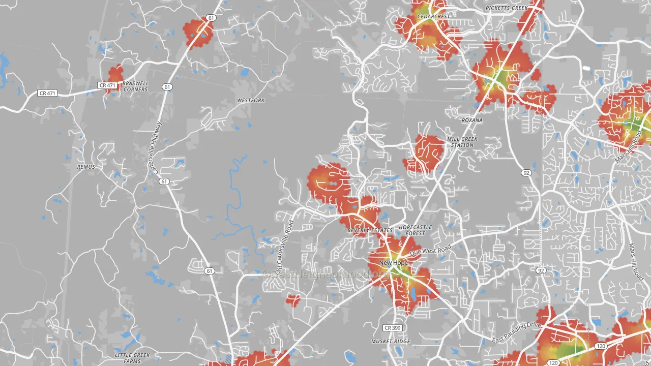 Walk Grade map of 30132, GA, walkable areas in green and car-dependent areas in red