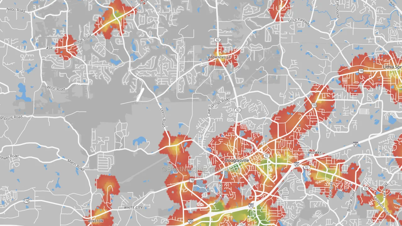 Walk Grade map of 30134, GA, walkable areas in green and car-dependent areas in red