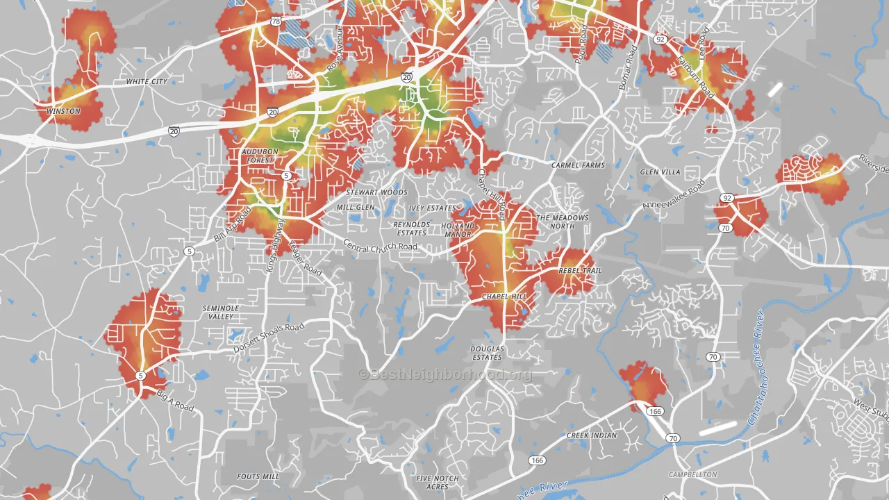 Walk Grade map of 30135, GA, walkable areas in green and car-dependent areas in red
