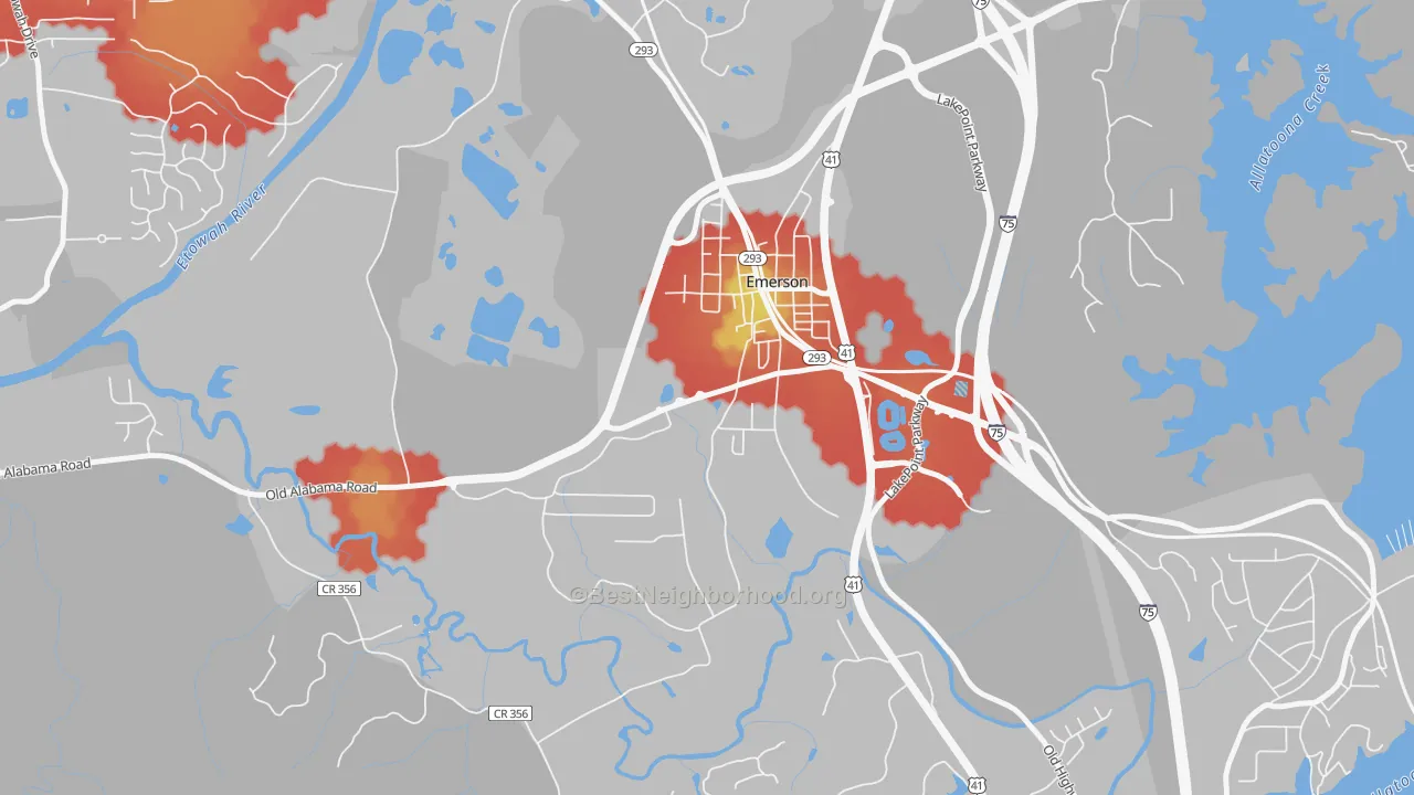 Walk Grade map of 30137, GA, walkable areas in green and car-dependent areas in red