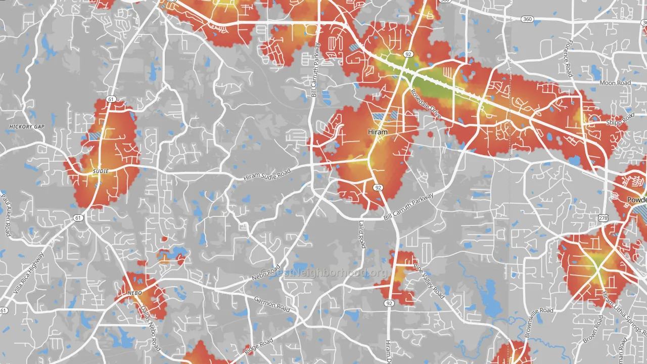 Walk Grade map of 30141, GA, walkable areas in green and car-dependent areas in red
