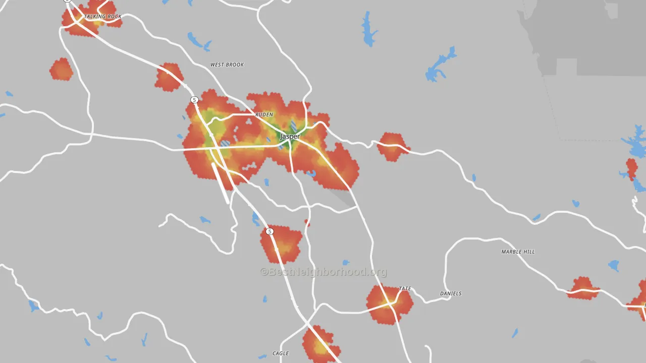 Walk Grade map of 30143, GA, walkable areas in green and car-dependent areas in red