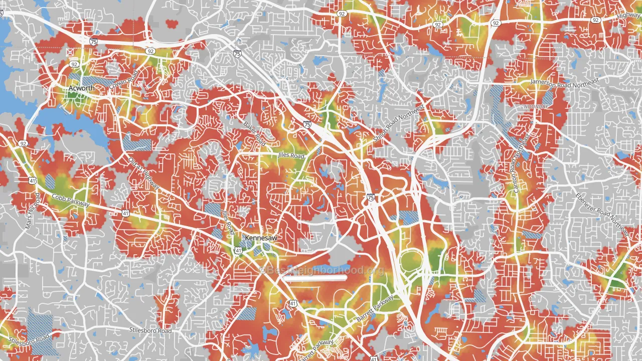 Walk Grade map of 30144, GA, walkable areas in green and car-dependent areas in red