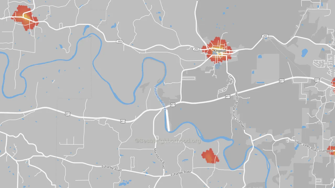 Walk Grade map of 30145, GA, walkable areas in green and car-dependent areas in red