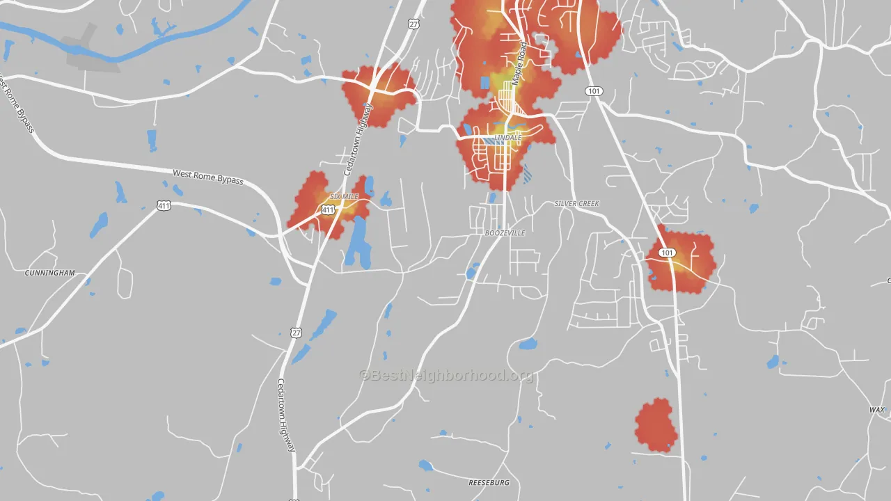 Walk Grade map of 30147, GA, walkable areas in green and car-dependent areas in red