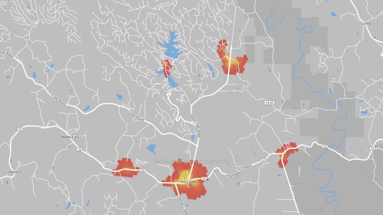 Walk Grade map of 30148, GA, walkable areas in green and car-dependent areas in red