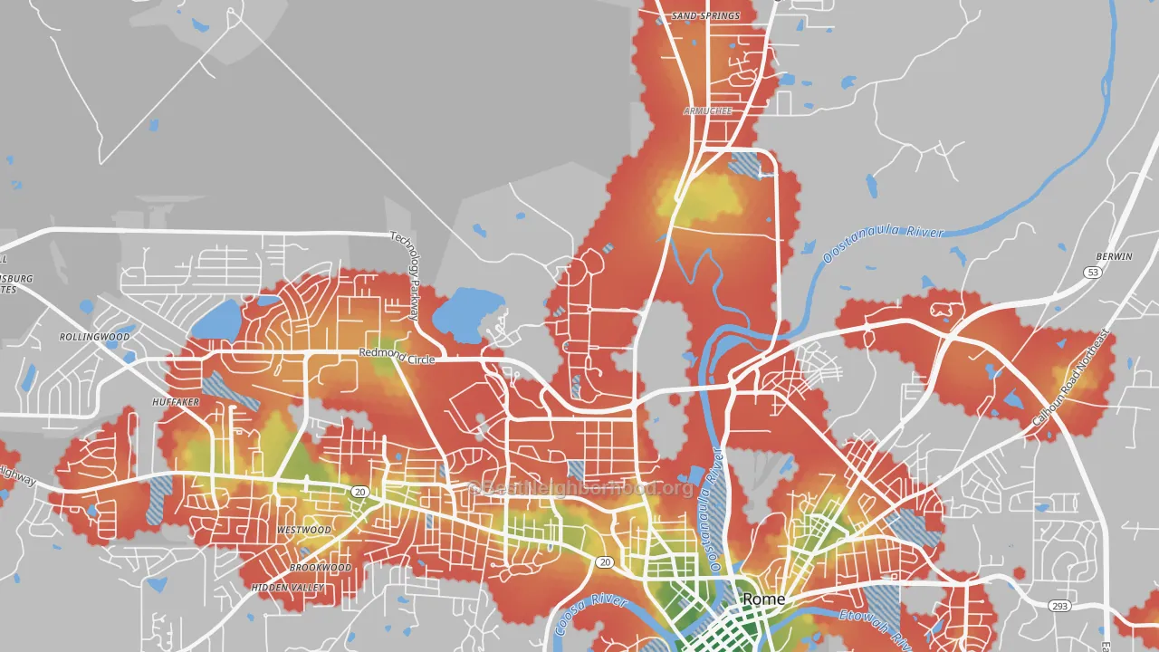 Walk Grade map of 30149, GA, walkable areas in green and car-dependent areas in red