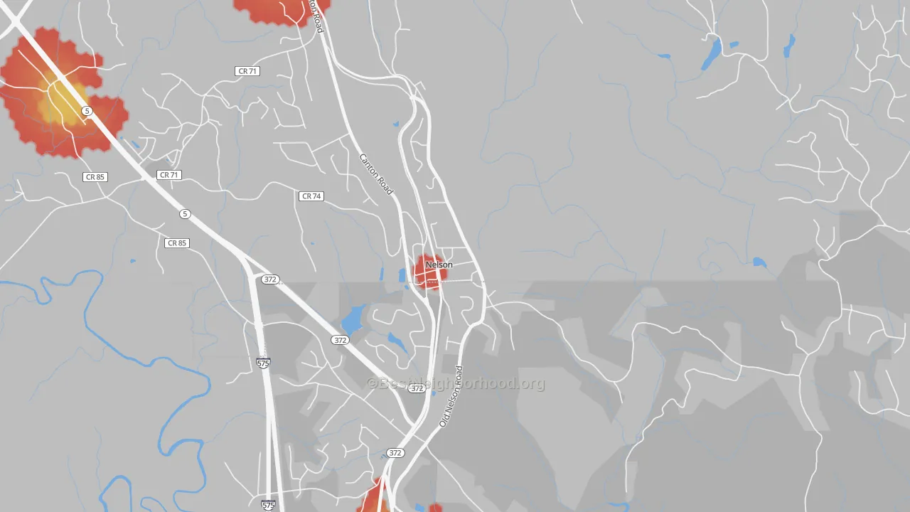 Walk Grade map of 30151, GA, walkable areas in green and car-dependent areas in red