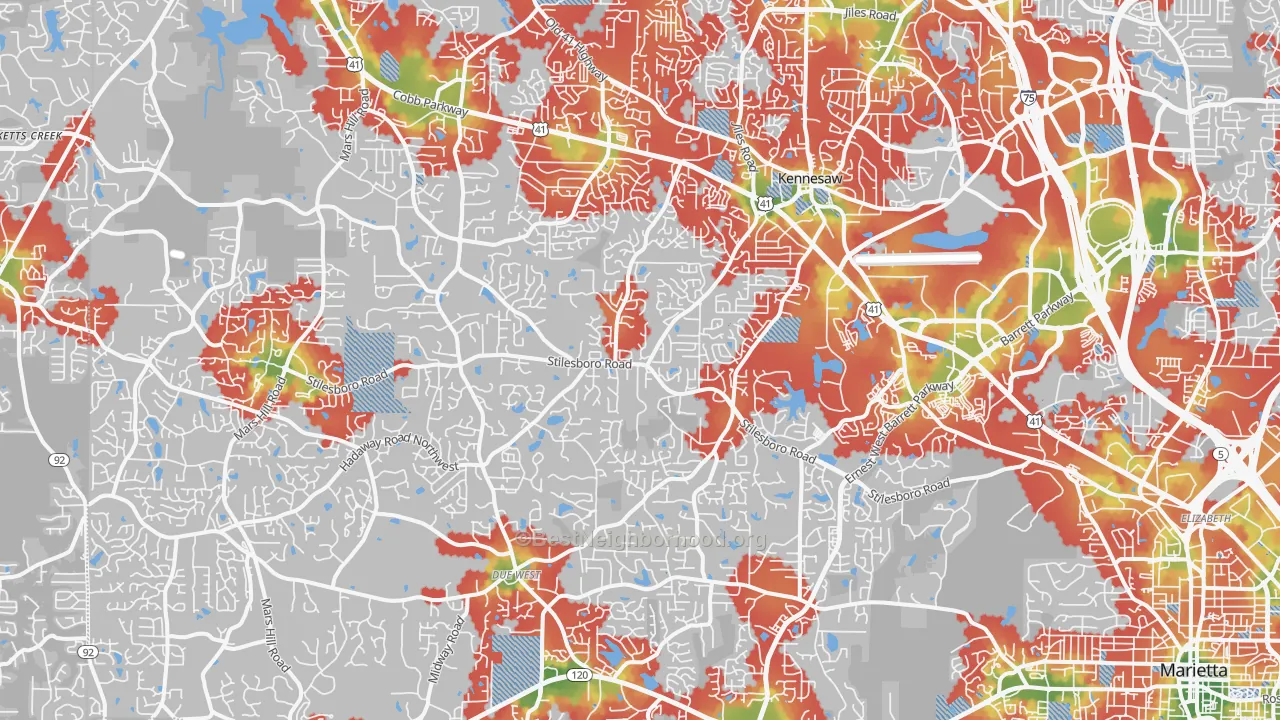 Walk Grade map of 30152, GA, walkable areas in green and car-dependent areas in red