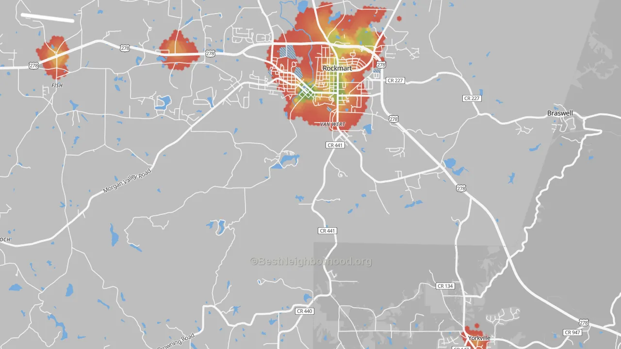 Walk Grade map of 30153, GA, walkable areas in green and car-dependent areas in red