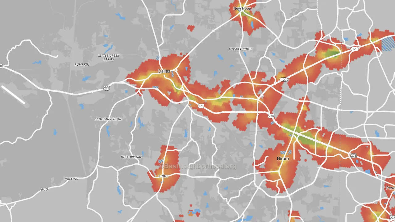 Walk Grade map of 30157, GA, walkable areas in green and car-dependent areas in red