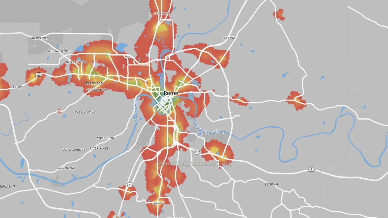 Walk Grade map of 30161, GA, walkable areas in green and car-dependent areas in red