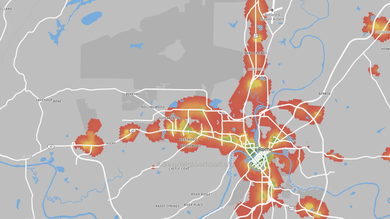 Walk Grade map of 30165, GA, walkable areas in green and car-dependent areas in red