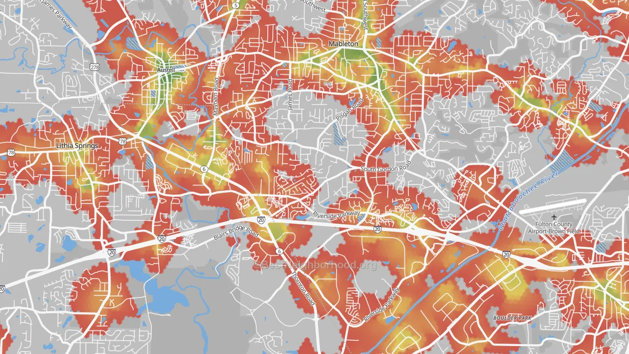 Walk Grade map of 30168, GA, walkable areas in green and car-dependent areas in red