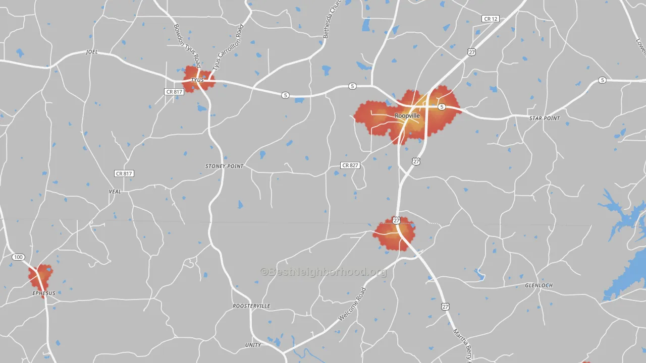 Walk Grade map of 30170, GA, walkable areas in green and car-dependent areas in red
