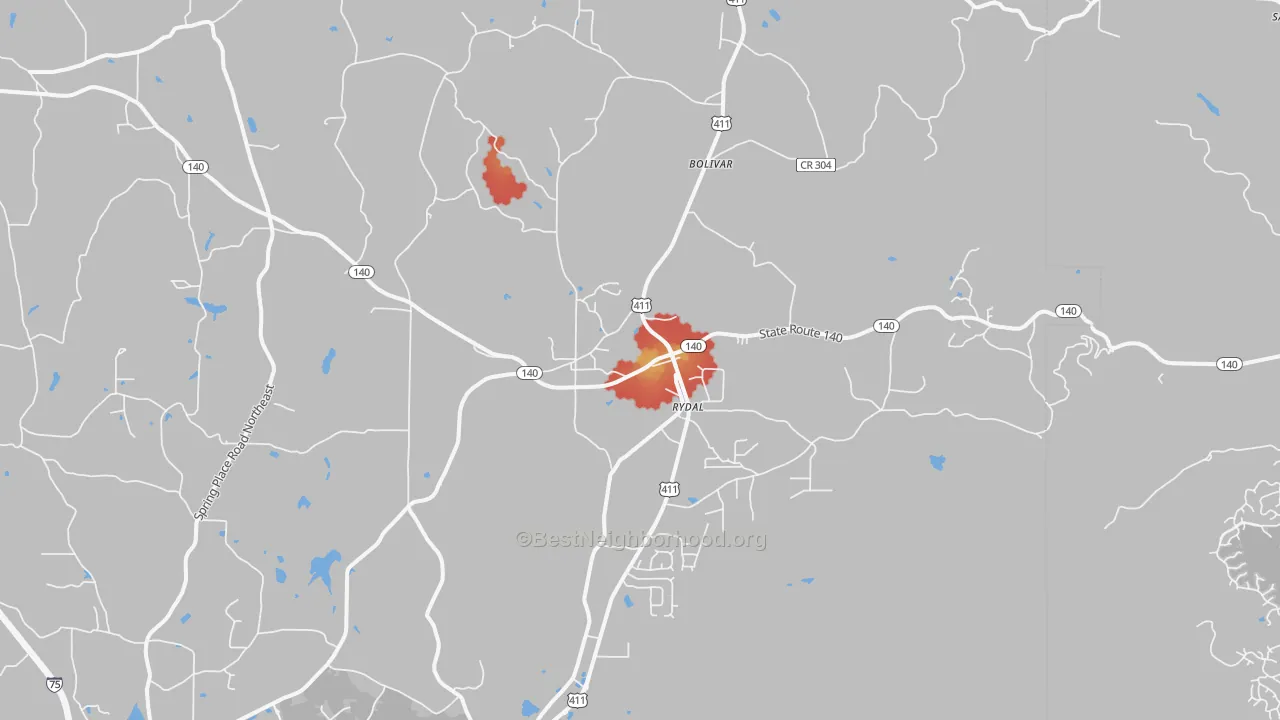 Walk Grade map of 30171, GA, walkable areas in green and car-dependent areas in red