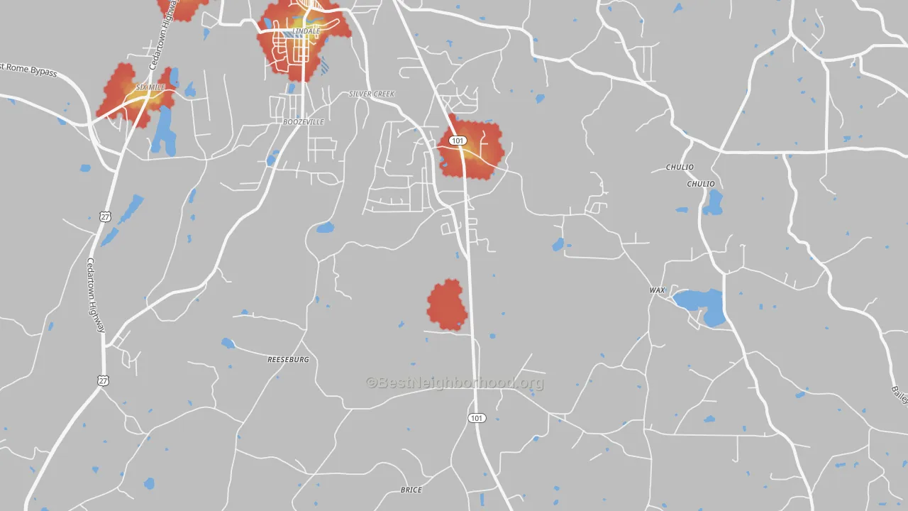 Walk Grade map of 30173, GA, walkable areas in green and car-dependent areas in red