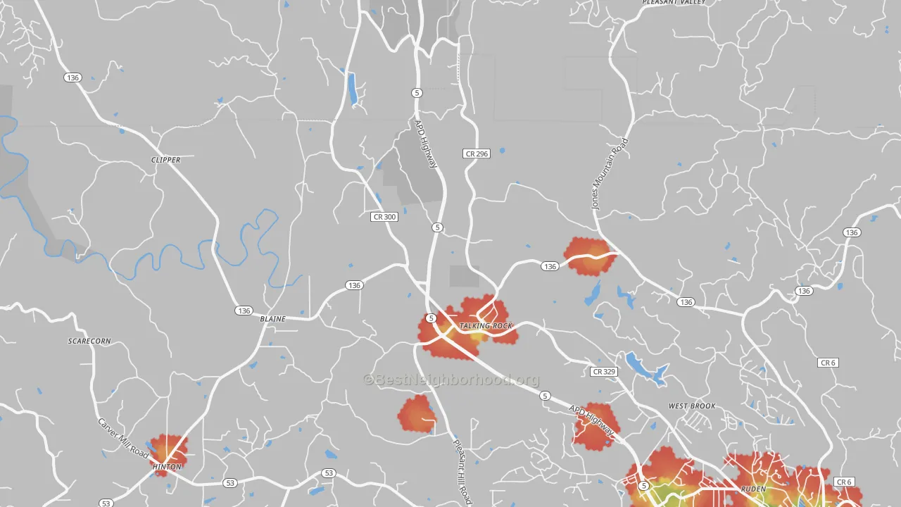 Walk Grade map of 30175, GA, walkable areas in green and car-dependent areas in red