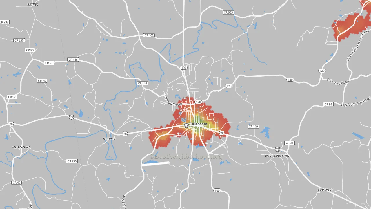 Walk Grade map of 30176, GA, walkable areas in green and car-dependent areas in red