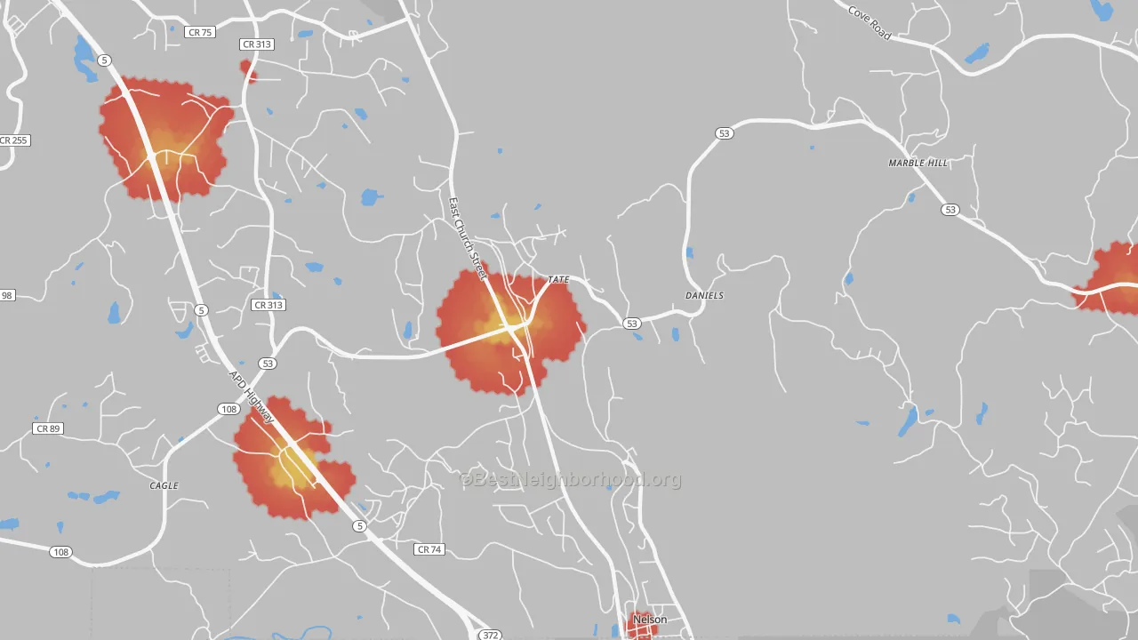 Walk Grade map of 30177, GA, walkable areas in green and car-dependent areas in red